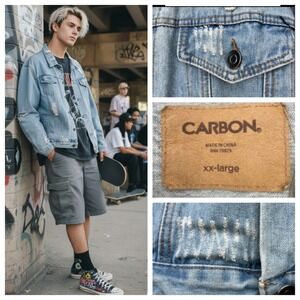 Carbon‎ 2 Cobalt Distressed Denim Jean Jacket Men XXL Trucker Blue Grunge Rugged